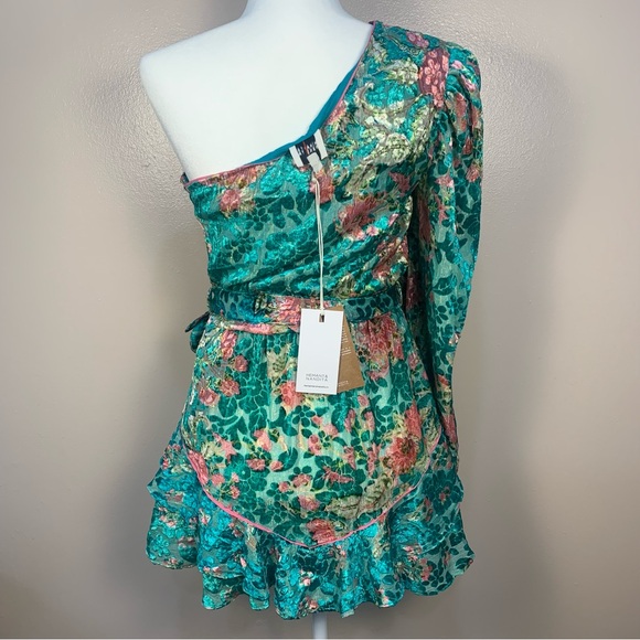 Hermant & Nandita Revolve Velvet Floral Metallic One Shoulder Mini Dress - Picture 12 of 16